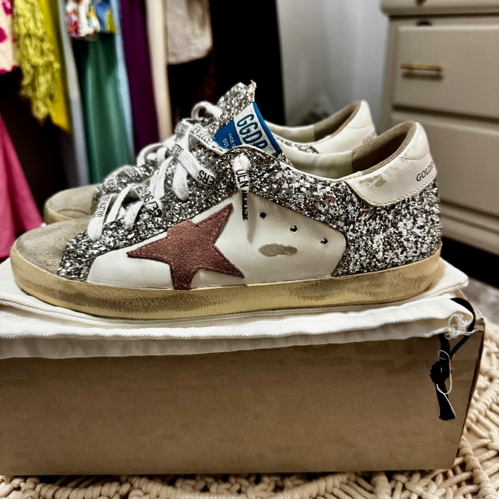 Almost new, barely used Golden Goose Silver Glitter Sneakers with Pink Star